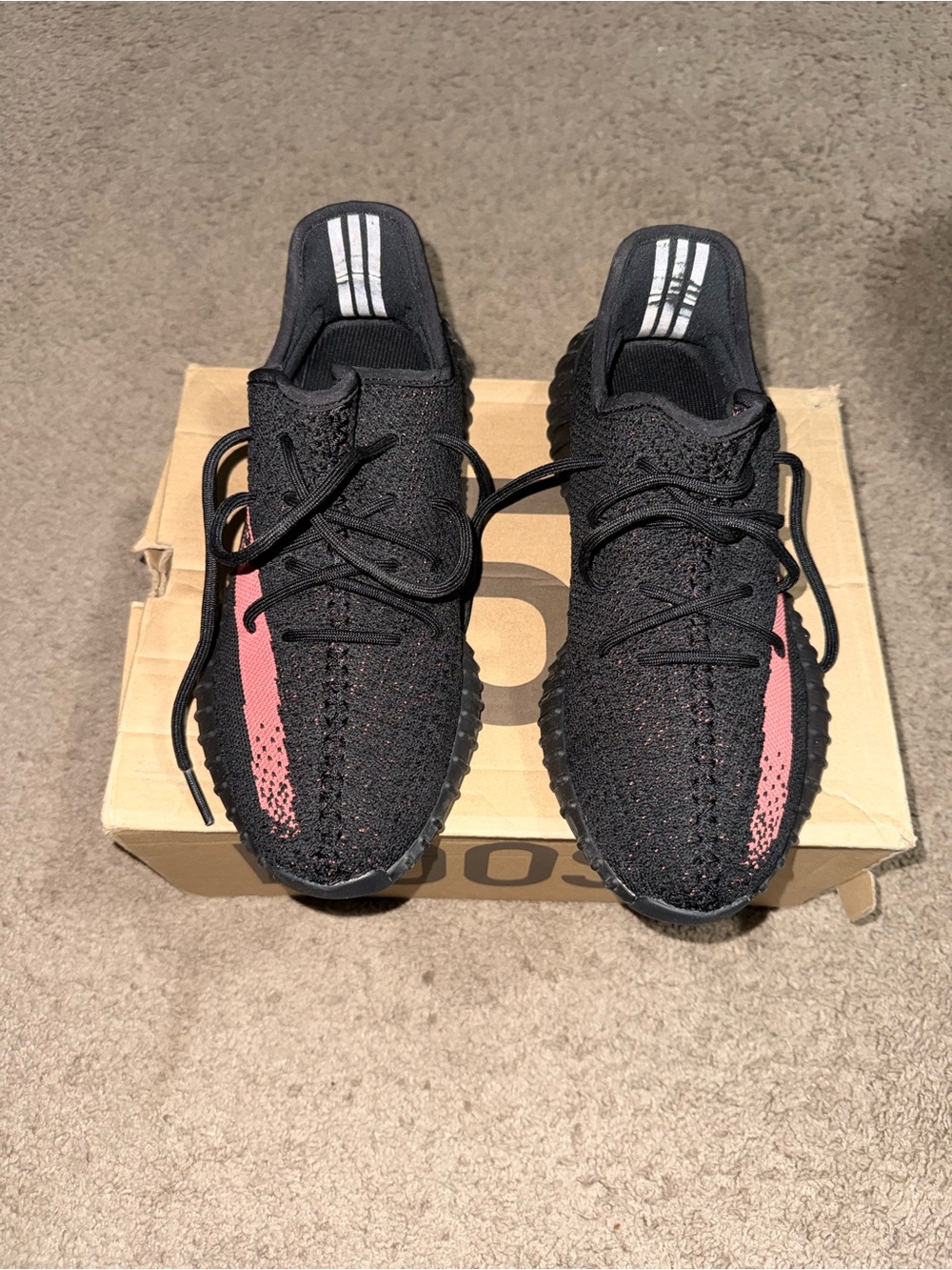 Yeezy Women's Black Knit Sneakers with Coral Stripe